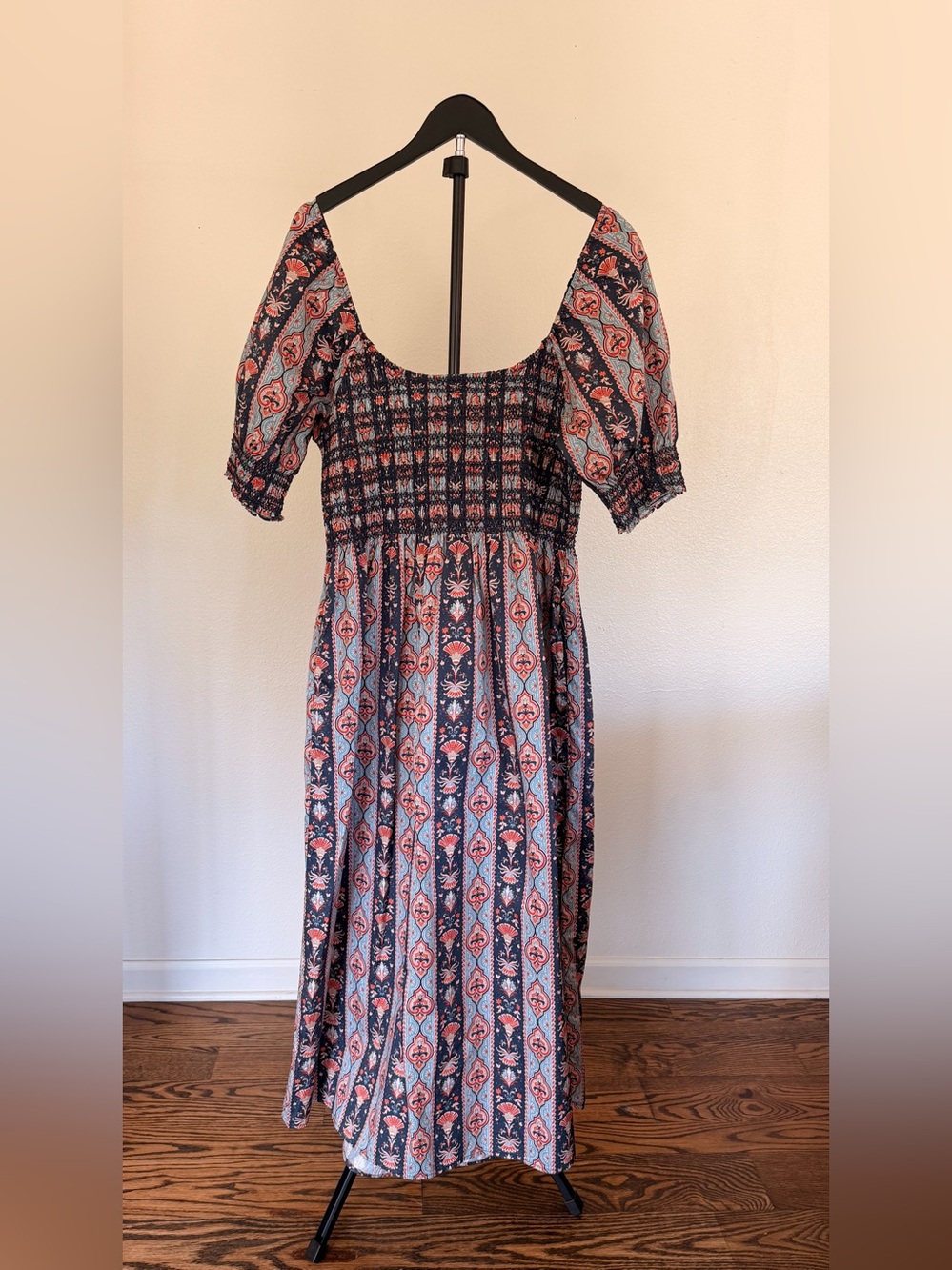 Hill House - Smocked Square-Neck Maxi Dress in Navy and Coral - Picture 4 of 5
